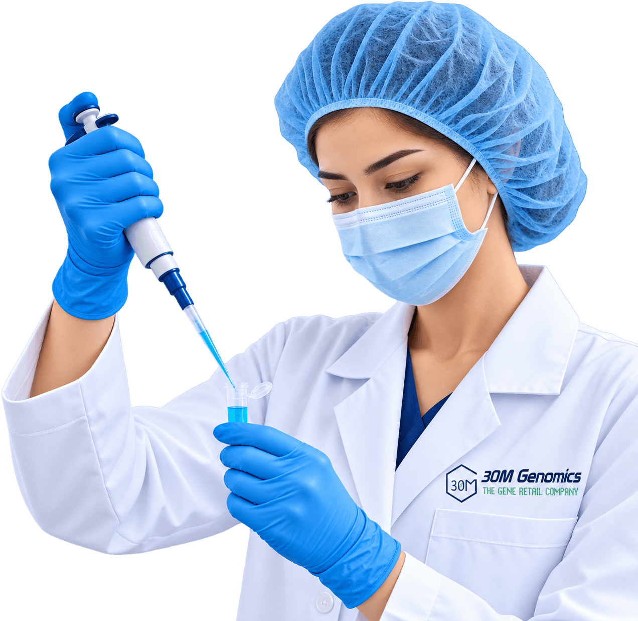 A 30M Genomics scientist pipetting a sample